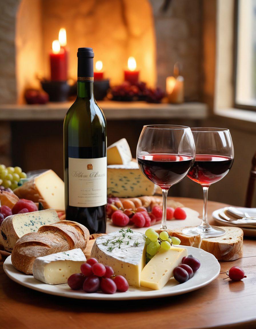 A cozy dining setup with a beautifully arranged table, featuring an elegant wine bottle and wine glasses filled with rich red and crisp white wines. In the background, a spread of gourmet cheeses, delicious fruits, and artisanal bread beautifully displayed. Soft candlelight adds warmth and a celebratory atmosphere, while the overall composition radiates sophistication and joy. painting. vibrant colors. soft focus.
