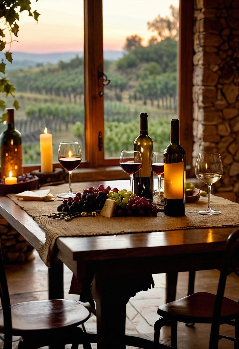 An elegant dining table set for a cozy gathering, adorned with various wine bottles from a vineyard, accompanied by cheese and grapes. Soft candlelight casts a warm glow, while rustic vineyard scenery is visible through a window. A person is thoughtfully examining a wine bottle, showcasing the art of selection. The atmosphere feels inviting and intimate. super-realistic. warm colors. soft focus.